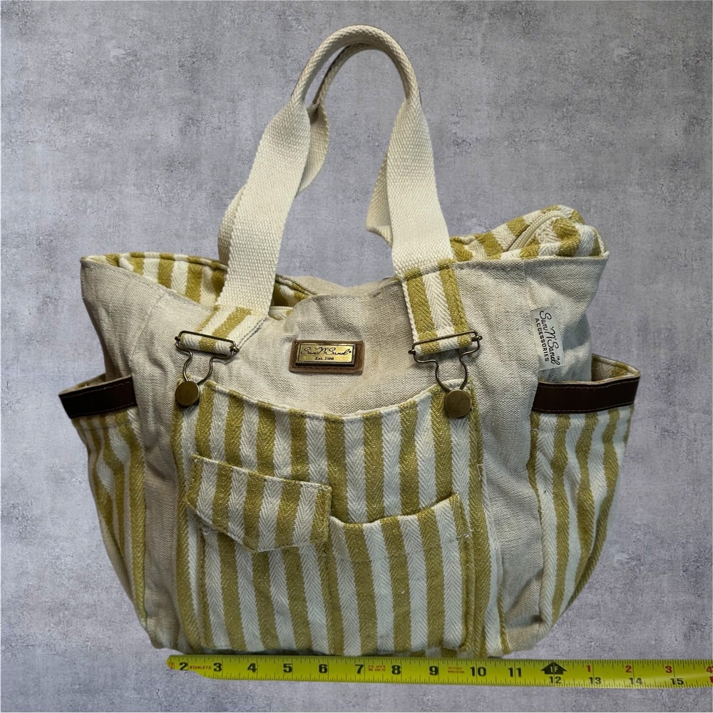 Sun‎ N Sand Tote Bag Womens Large Yellow Striped Canvas Multi-Pocket Beach - Picture 3 of 8